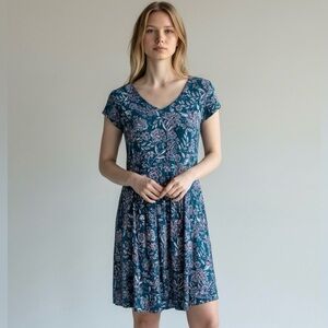 Garnet Hill Floral Pleated Dress Teal V-Neck Cap Sleeve Lined Pockets XS 0